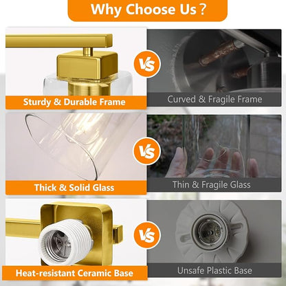 27” Bathroom Light Fixtures Over Mirror, 4-Light Gold Vanity Light | Square Clear Glass & Durable Metal, Quick & Easy Installation, Standard E26 Socket, Bright Bathroom Lighting