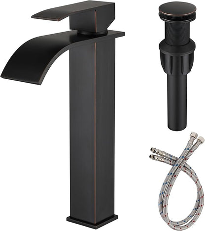 Oil Rubbed Bronze Bathroom Vessel Sink Faucet, JXMMP Single Hole Waterfall Bathroom Faucet with Supply Hose and Pop Up Drain Assembly, Tall Waterfall Faucet for Bathroom Sink, JXM1221ORB