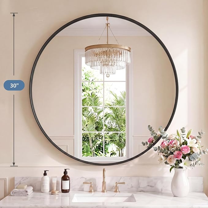 DUMOS Round Wall Mirror 30 Inch, Bathroom Wall Circle Mirror | Bathroom Decor for Entryway, Living Room, Vanity, Metal Frame, Tempered Glass, Anti-Rust, Hanging or Leaning, Black