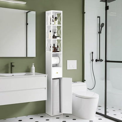 VECELO Narrow Bathroom Storage Cabinet with X-Frame Metal Design, 67" Tall Freestanding Cabinet with Toilet Paper Holder, Slim Tower Cabinet with Magnetic Door & Drawer, for Small Spaces, White