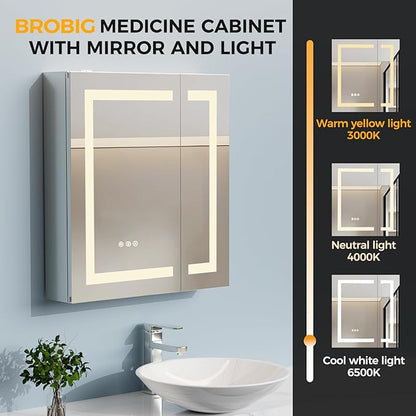 30 * 26 Bathroom Lighted Medicine Cabinet, Professional Makeup Medicine Cabinet Mirror, Large Storage LED Mirror with USBs, Stepless Dimming & Anti-Fog, 3-Color Light