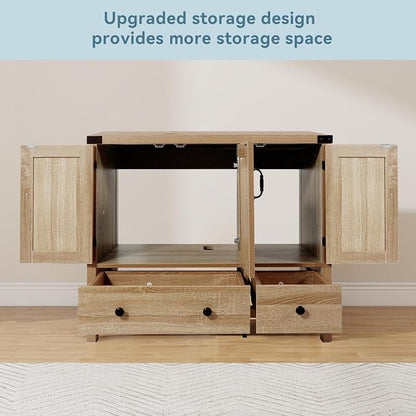 36" Natural Color Bathroom Vanity, Rustic Fixture Standing Pedestal Cabinet with White Ceramic Boat Sink with Black Trim