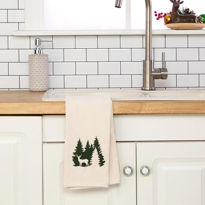 SKL Home Christmas/Winter Deer Spruce Hand Towel Set-2pc, Natural | Soft, embroidered velour. Great for the bathroom, kitchen or bar. Fun for lodge/cabin décor & holiday gifting.
