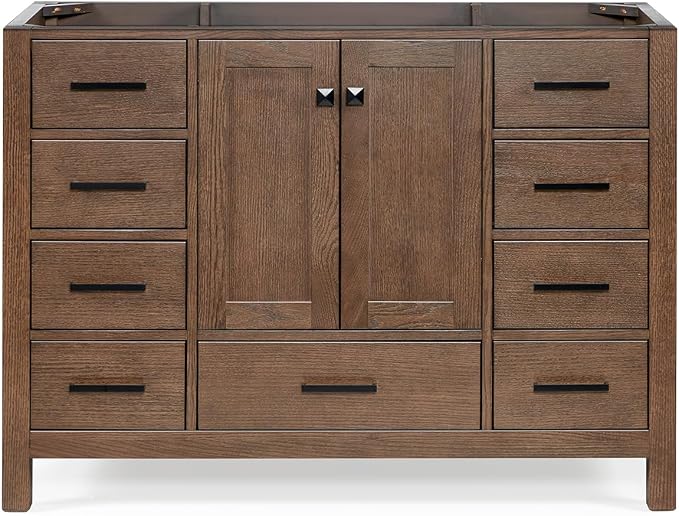 ARIEL Cambridge 48-inch Bathroom Vanity Base Cabinet,Solid Wood, 2 Soft Closing Doors, 9 Dovetail Drawers, Brown Oak