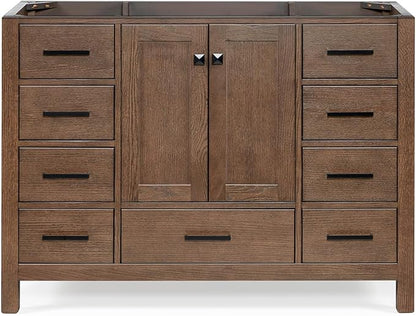 ARIEL Cambridge 48-inch Bathroom Vanity Base Cabinet,Solid Wood, 2 Soft Closing Doors, 9 Dovetail Drawers, Brown Oak