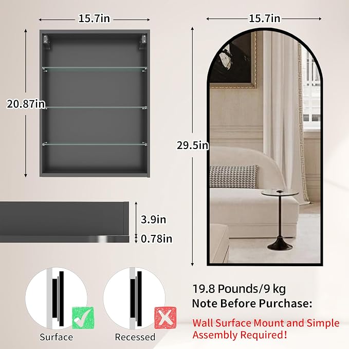 FKWin Bathroom Cabinet with Mirror, Surface Mount Arched Design, 16x30 Inch | Medicine Cabinet Mirror, Reversible Door, Space-Saving Storage, Elegant Arched Design, Black