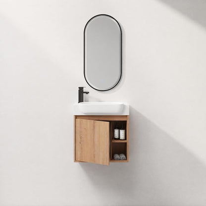 24" Bathroom Vanity with Ceramic Sink, Farmhouse Cabinet, Natural | Curved Sink Ceramic, Soft-Close Door, Interior Compartment and 2-Tier Open Side Shelves, 45° Inclined Edge Handle