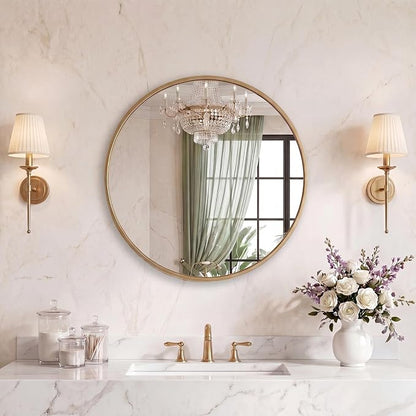Sweetcrispy 20 Inch Round Wall Mirror, Bathroom Mirrors for Over Sink | Matte Metal Framed, Wall Decor for Bedroom, Entryway, Anti-Rust, Tempered Glass, Hanging or Leaning, Gold