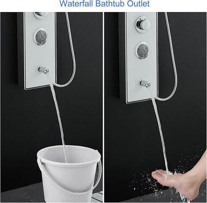 MENATT White Glass Shower Panel Tower System, 304 Stainless Steel and Glass 4 in 1 Shower Tower System with 9-inch Shower Head, 3 Body Massage Jets, Handheld Shower and Tub Spout