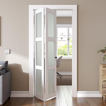 SMARTSTANDARD Bifold Door for 24"x 80" Opening, Tempered Frosted Glass, MDF | Closet Folding Doors with Hardware kit Included, White, Water-Proof PVC Surface, Easy Install, Space-Saving