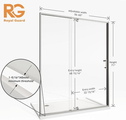 Royal Guard 56-60" W x 71" H Pivot Swing Glass Shower Door,Chrome | Shower Doors with 4-Inch Adjustable Width, 6mm SGCC Tempered Glass, Reversible Installation,Magnetic Closing&Waterproof