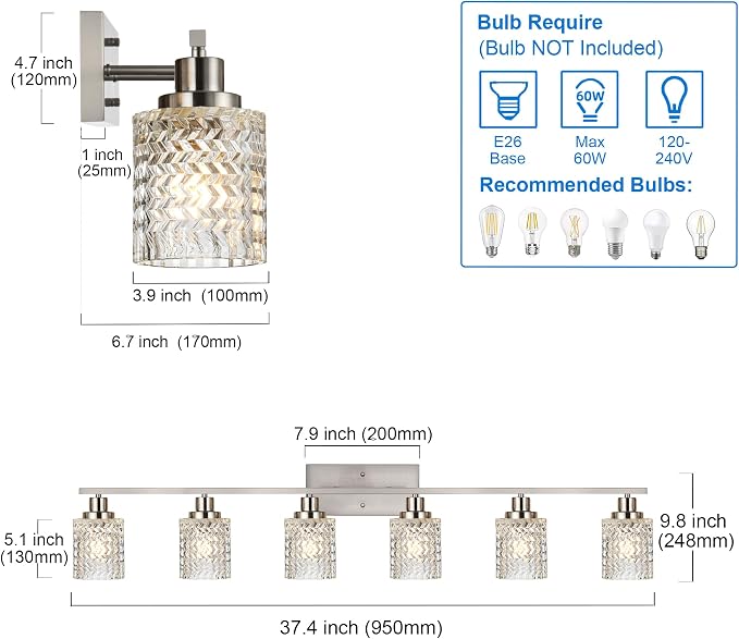 MELUCEE 6 Lights Bathroom Lighting Fixtures Over Mirror Brushed Nickel | Vanity Light with Hammered Glass Shade Indoor Wall Mounted Lamp for Bathroom Bedroom Kitchen