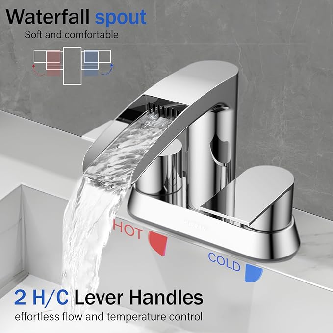 Bathroom Sink Faucet for 3 Hole, Hurran 4 Inch Bathroom Faucets with Pop-up Drain, Stainless Steel 2-Handle Waterfall Faucet for Bathroom Sink, Chrome