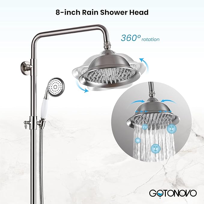 gotonovo Bathroom Exposed Shower Faucet Outdoor Shower System 8 Inch Rainfall Shower Head Set with Tub Spout and Handheld Spray Double Cross Handles Wall Mount without Shower Shelf Brushed Nickel
