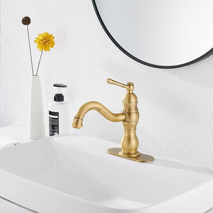 Antique Brass Bathroom Faucet GGStudy 360° Swivel Bathroom Vanity Faucet Single Handle One Hole Basin Matching Pop Up Drain with Overflow