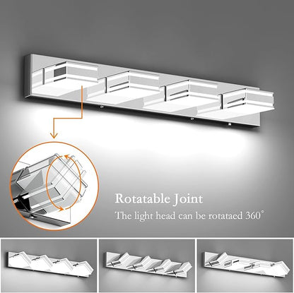 Ralbay 30inch Chrome Vanity Light for Bathroom with 5 Color Temperatures (3000K-6000K) Dimmable Stainless Steel Acrylic LED Modern Chrome Bathroom Light Fixtures (4-Light)