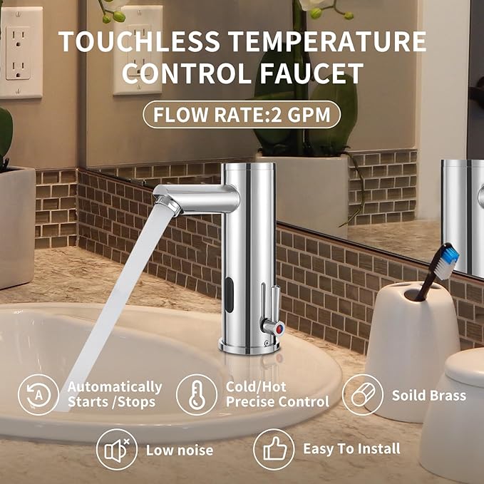 Automatic Touchless Bathroom Sink Faucet Motion Activated Sensor Hands Free Auto Off 1 Hole Commercial Infrared Brass Basin Faucets Adjustable Cold Hot Single Handle Water Mixer（Chrome）