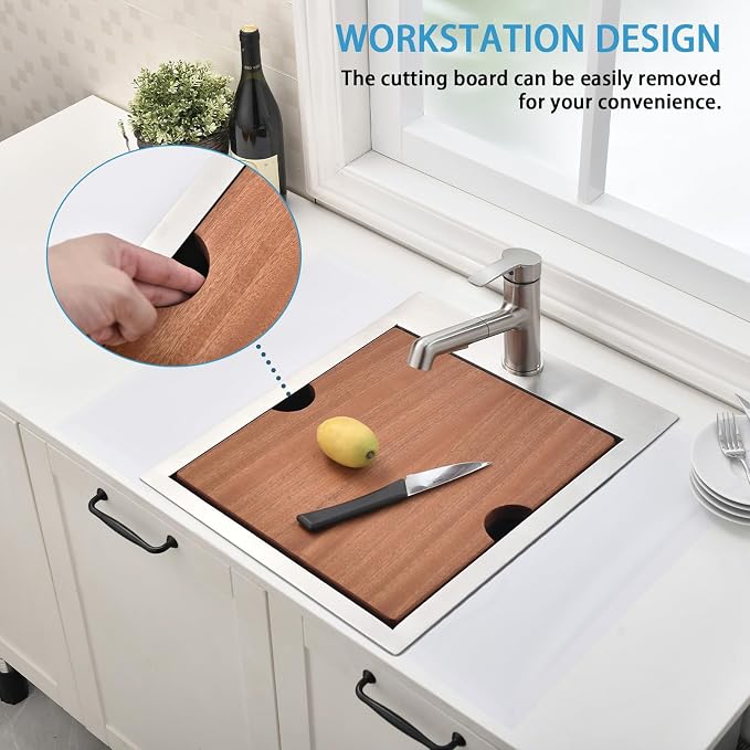 VAPSINT 21x20 Inch Drop In Kitchen Sink Workstation, 21 Inch Topmount Kitchen & Bar Sink 16 Gauge Stainless Steel Handmade Single Bowl Small Kitchen Sinks for RV Wet Prep with Accessories