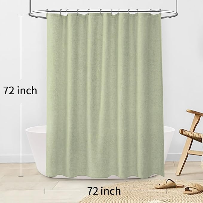 Linen Shower Curtain Flax Green, Fabric Boho Farmhouse Shower Curtains for Bathroom Cotton Natural Cloth Liner Set 72" W x 72" L