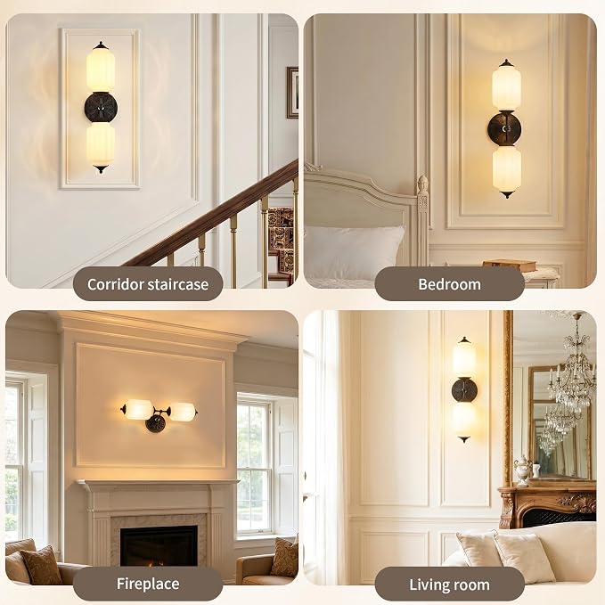 Vintage Milk Glass Bathroom Vanity Light, 2-Light Wall Sconce with Black Antique Base & E12 Bulbs Included, Adjustable 3-Color Temperature for Bedroom, Living Room, Kitchen