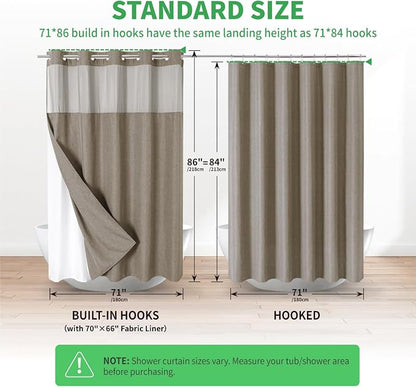 eachope Extra Long No Hooks Needed Linen Textured Shower Curtain with Snap-in Fabric Liner Set,Hotel Luxury Decor Shower Curtains for Bathroom,Waterproof & Washable,71Wx86H,Khaki/Tan | Extra Long,Linen Texture,230GSM Thick Fabric,Mesh Window,Bottom Mag...