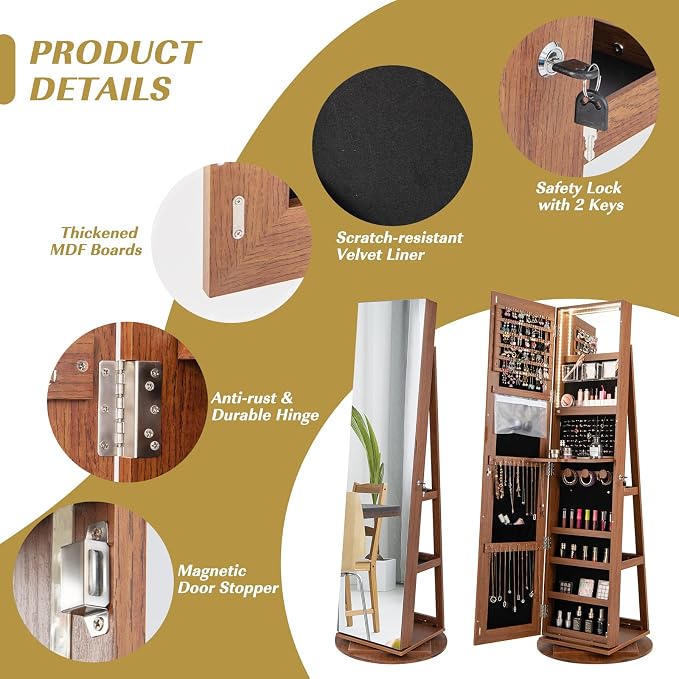 MAT EXPERT 360° Rotating Jewelry Armoire, Lockable Freestanding Jewelry Organizer w/Full-length Mirror, 3-Color LED Lights, Rear Storage Shelves, Mirror Jewelry Cabinet for Bedroom (Walnut)
