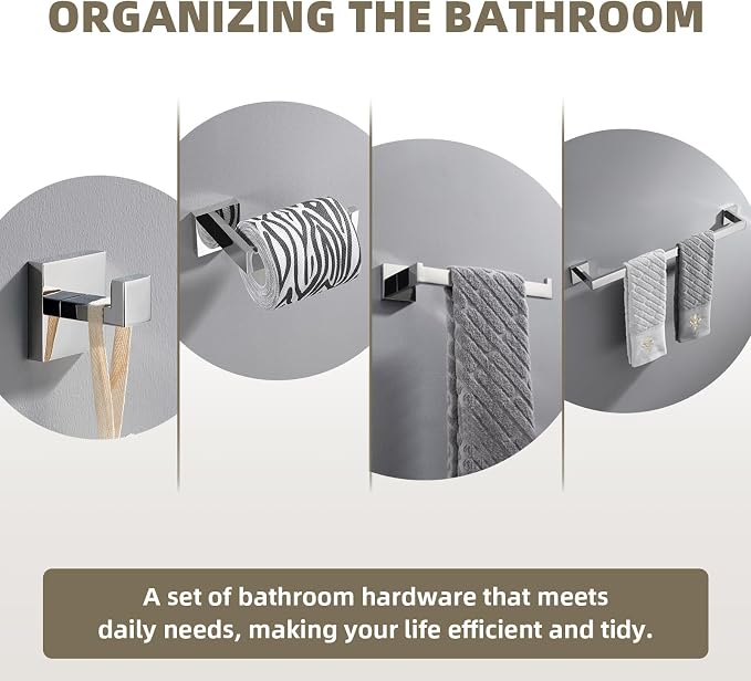 Suyar Polished Chrome Bathroom Hardware Set, Bathroom Accessories 4 Pieces | Include Robe Hook, Toilet Paper Holder, Hand Towel Holder, Towel Bar, SUS304 Stainless Steel, Wall Mounted