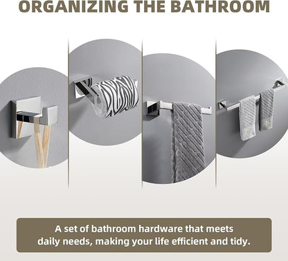 Suyar Polished Chrome Bathroom Hardware Set, Bathroom Accessories 4 Pieces | Include Robe Hook, Toilet Paper Holder, Hand Towel Holder, Towel Bar, SUS304 Stainless Steel, Wall Mounted