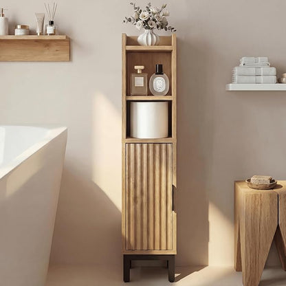 Small Bathroom Storage Cabinet, Corner Narrow Toilet Paper Floor Cabinet with Door and Shelves,Bathroom Organizer with Adjustable Shelf, for Small Spaces (Oak, 4-Tier)