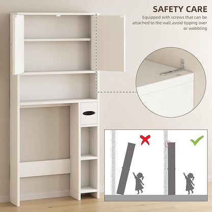 Shintenchi Over the Toilet Storage Cabinet, Bathroom Storage Cabient with Barn Doors, Bathroom Storage Shelf Organizer with Toilet Paper Holder, Adjustable Shelf and Anti-Tip Device, White