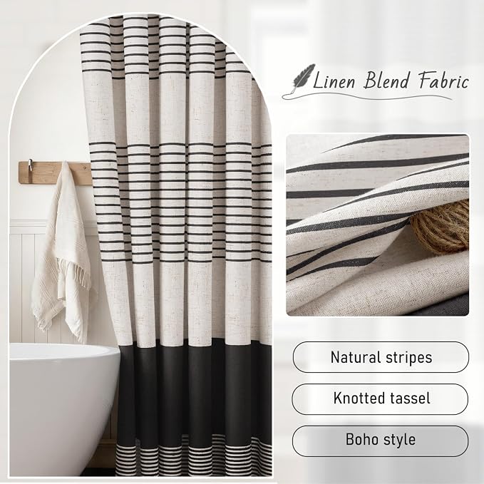 Black Boho Linen Striped Shower Curtain with Tassel 72" W X 72" L | Boho Farmhouse Shower Curtains with Linen Texture for Bathroom Decor