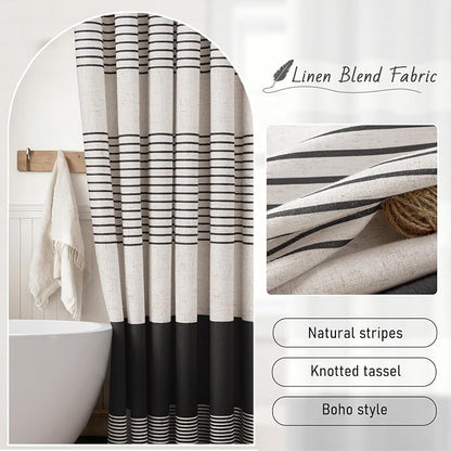Black Boho Linen Striped Shower Curtain with Tassel 72" W X 72" L | Boho Farmhouse Shower Curtains with Linen Texture for Bathroom Decor