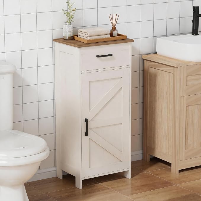 Homhedy Bathroom Storage Cabinet with Drawer & Adjustable Shelf | Freestanding Storage Cabinet for Bathroom, Entryway, Living Room & Kitchen, Rustic White and Brown, 15.7"W