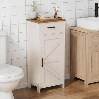 Homhedy Bathroom Storage Cabinet with Drawer & Adjustable Shelf | Freestanding Storage Cabinet for Bathroom, Entryway, Living Room & Kitchen, Rustic White and Brown, 15.7"W
