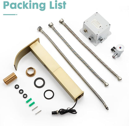 Touchless Bathroom Faucet, Automatic Sensor Bathroom Sink Tall Body Gold Faucet with Control Box, Modern Waterfall Stainless Steel Vanity Tap Single Hole and Temperature Mixer