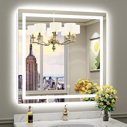 36x36 Inch Inch LED Bathroom Mirror with Lights, Front and Backlit Lighted Vanity Mirror for Bathroom Wall with 3 Colors Dimmable, Anti-Fog, Memory, HD Tempered Glass, Shatter-Proof