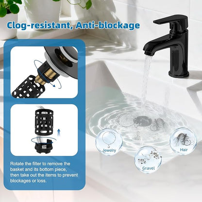Hibbent 2 Pack Universal Bathroom Sink Drain Strainer, 3 in 1 Pop Up Stopper, Removable Stainless Steel Filter Basket, Brass Bullet Core, Hair Catcher Sink Plug for 1.1''~2.36'' Hole, Matte Black