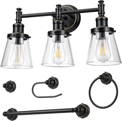 DEWENWILS Bathroom Light Fixtures, 5-Piece All-in-One Bathroom Vanity Lights Over Mirror, 3-Light Bath Wall Mount Sconce with Clear Glass Shade, Towel Bar, Ring, Robe Hook, Toilet Paper Holder
