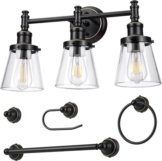DEWENWILS Bathroom Light Fixtures, 5-Piece All-in-One Bathroom Vanity Lights Over Mirror, 3-Light Bath Wall Mount Sconce with Clear Glass Shade, Towel Bar, Ring, Robe Hook, Toilet Paper Holder