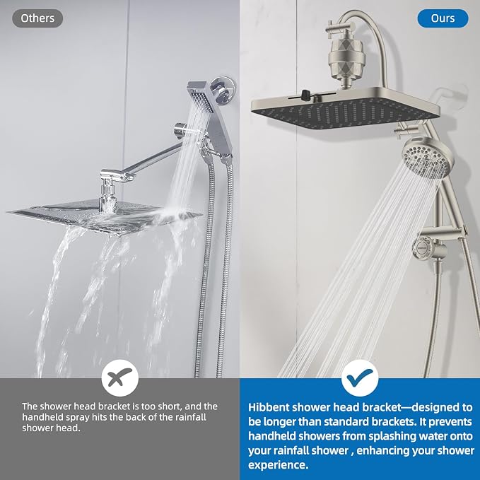 Hibbent 5-spray Dual Filtered Rainfall Shower Head with 10 Spray Handheld | High Pressure 13'' Showerhead Combo, Easy Reach 4-way Diverter Arm with Pause Mode, 71'' Hose & Holder, Brushed Nickel