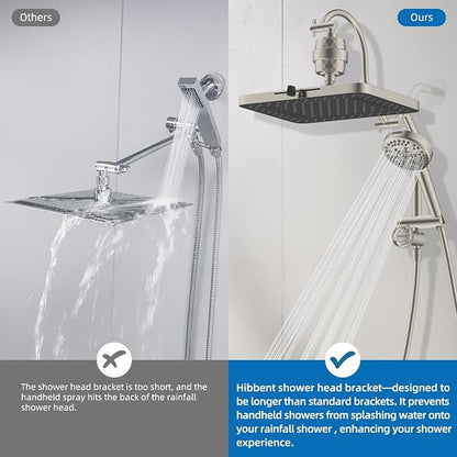 Hibbent 5-spray Dual Filtered Rainfall Shower Head with 10 Spray Handheld | High Pressure 13'' Showerhead Combo, Easy Reach 4-way Diverter Arm with Pause Mode, 71'' Hose & Holder, Brushed Nickel