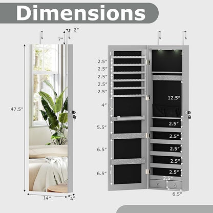 Moccha Wall Door Jewelry Armoire, 47.5" H Full Length Mirrored Jewelry Cabinet with 2 LED Lights and 2 Drawers, Lockable Jewelry Cabinet, Jewelry Organizer Storage for Bedroom (Grey)