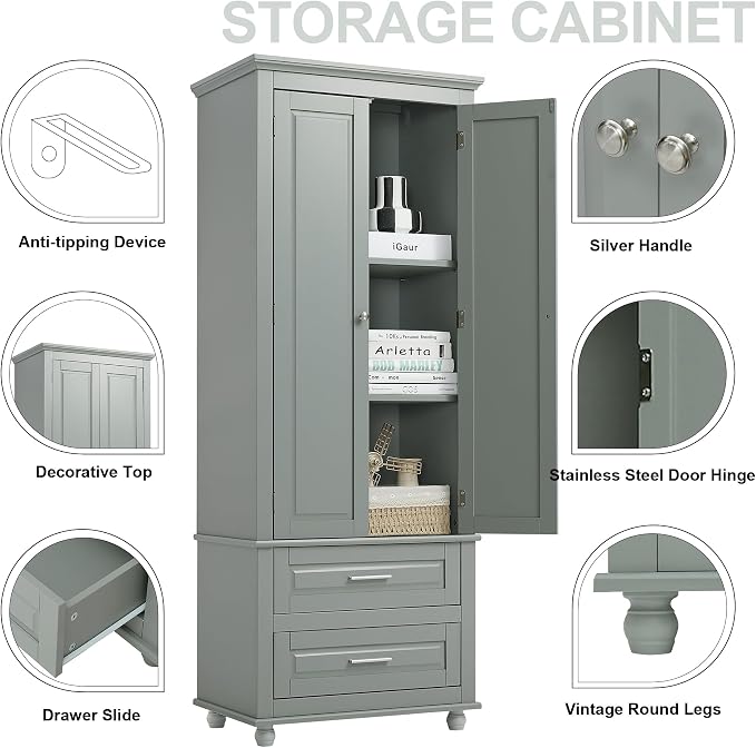 Merax 62.5" Pantry Cabinet with Two Doors & Two Drawers, Adjustable Shelves Storage Cupboard for Kitchen/Dining Room/Bathroom, Gray