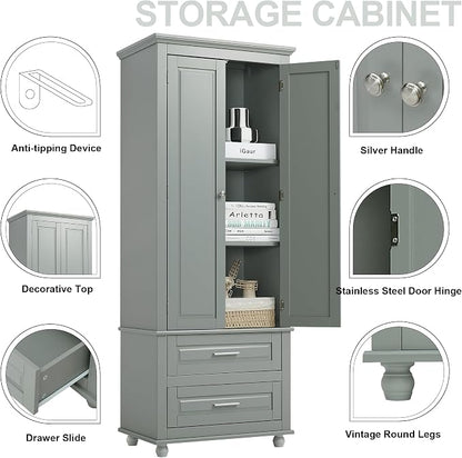 Merax 62.5" Pantry Cabinet with Two Doors & Two Drawers, Adjustable Shelves Storage Cupboard for Kitchen/Dining Room/Bathroom, Gray