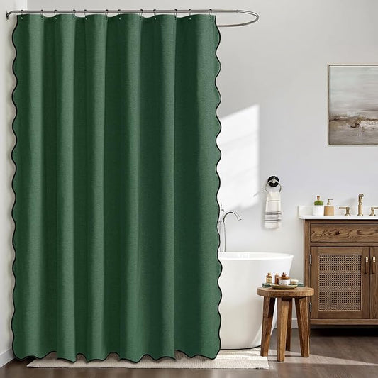 MIULEE Dark Green Scalloped Linen Shower Curtain 72x72 Inches | Linen Textured, Waterproof, Washable, 12 Metal Hooks, Heavy Duty Cloth, Black Border, Shower Curtain for Bathroom Bathtub
