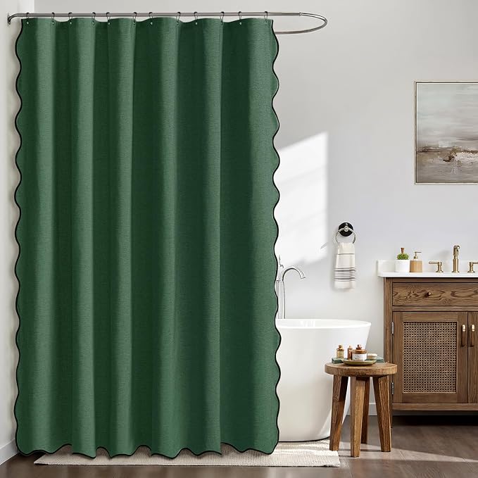 MIULEE 72"x84" Extra Long Scalloped Linen Shower Curtain Dark Green | Linen Textured, Waterproof, Washable, 12 Metal Hooks, Heavy Duty Cloth, Black Border, Shower Curtain for Bathroom Bathtub