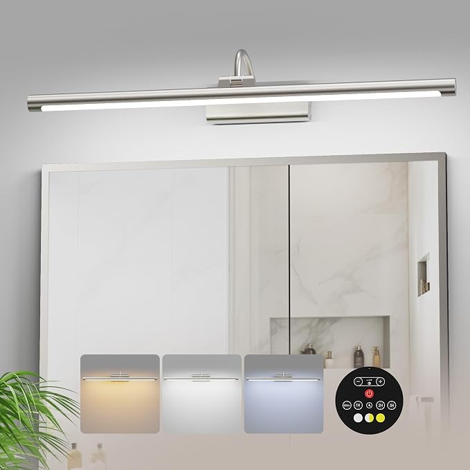 Wireless Battery Vanity Lights for Mirror Brushed Nickel 24 inch | 10000mAh Rechargeable Battery, No Wiring Needed, Remote Control, 500LM Dimmable, 3CCT with 250° Rotatable for Bathroom Mirror