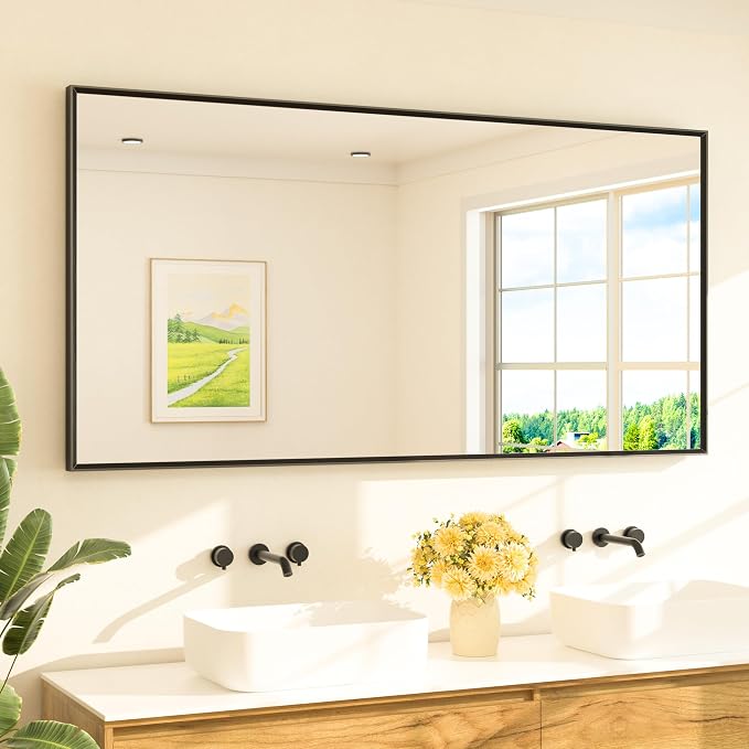 Matte Black Beveled Framed Bathroom Mirror 72" x 36" Large Black Rectangle Metal Vanity Wall Mirror for Bathroom Sink, Modern Farmhouse, Tempered Glass, Shatterproof, Stronger Frame