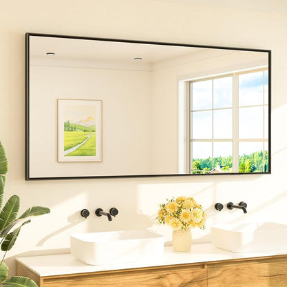 Matte Black Beveled Framed Bathroom Mirror 72" x 36" Large Black Rectangle Metal Vanity Wall Mirror for Bathroom Sink, Modern Farmhouse, Tempered Glass, Shatterproof, Stronger Frame