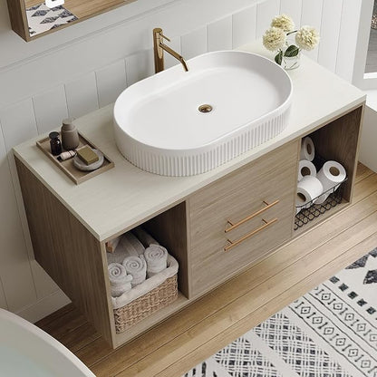 Pvillez 40 Inch Modern Bathroom Vanity Floating Bathroom Vanities with Above-Ground Oval Sink 40" Wall Mounted Bathroom Sink Cabinet with 2 Drawers&2 Open Shelves&Gold Metal Handle, Oak